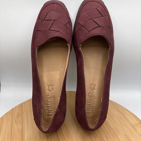 Hotter Havana Women's US 10 Low Wedge Loafer Burgundy Nubuck Woven Leather Toe - Picture 7 of 11